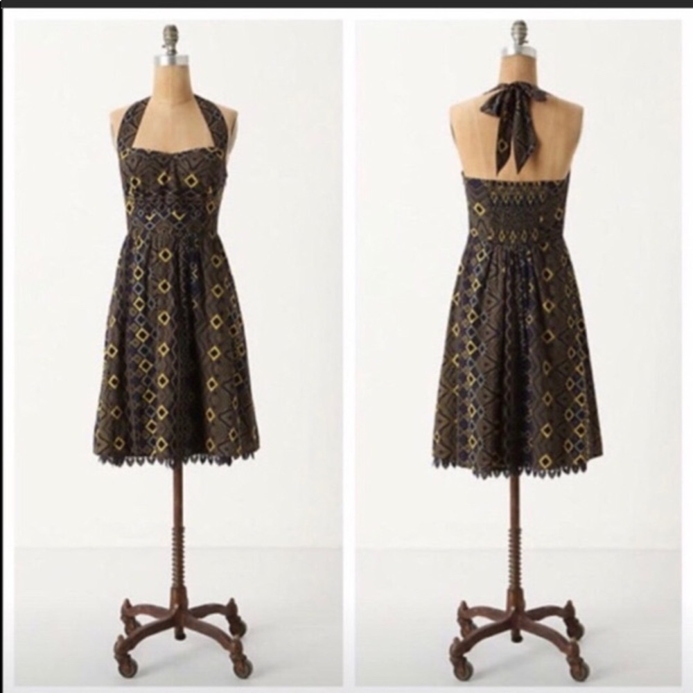 Edme & Esyllte Rhythmic Repetition Halter Dress size 4 embroidered geo print